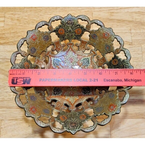 VTG India Brass Enamel Cut Out 8” Pierced Pedestal Bowl With Scalloped Edge - Picture 7 of 7